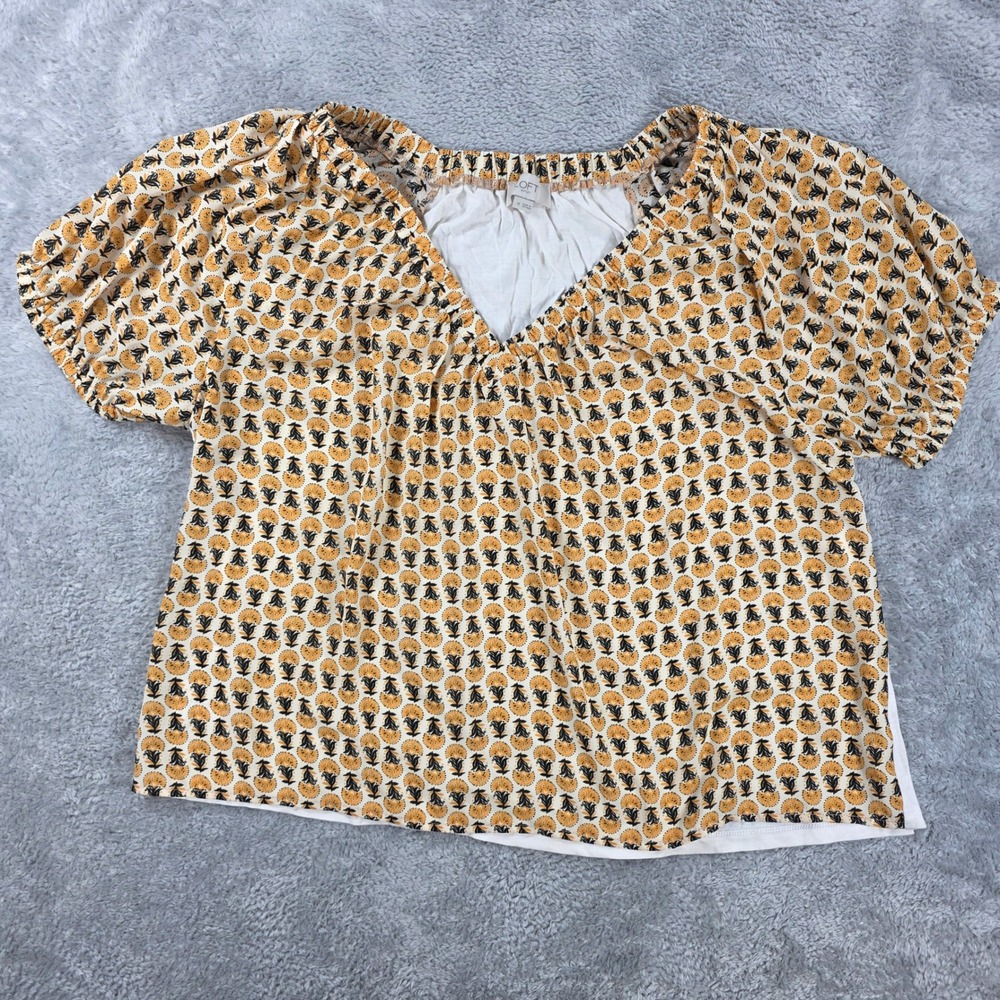 LOFT Floral Short Sleeve Boho V-Neck Top Yellow Size Medium Cottagecore